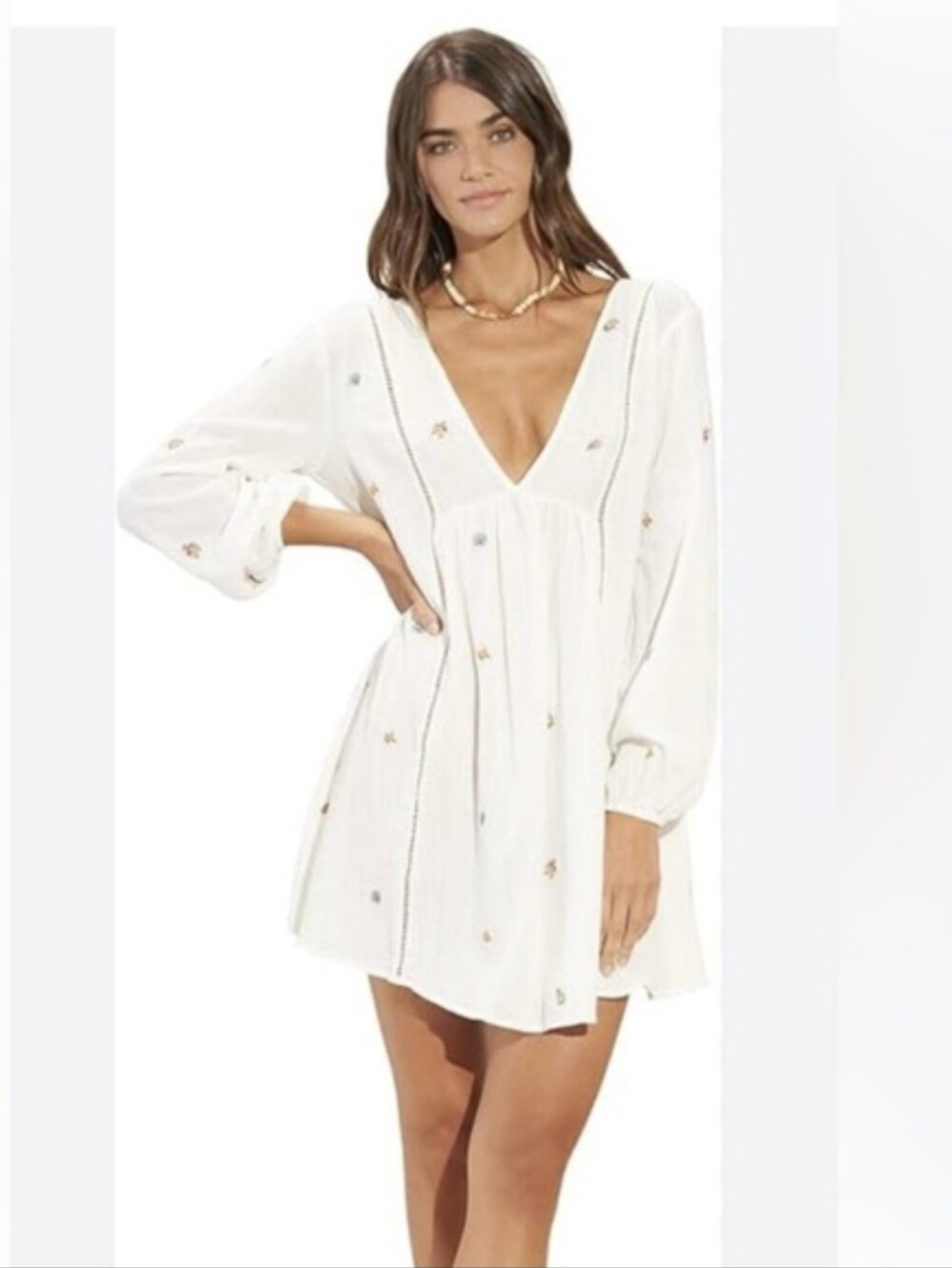 Maaji Sea Life Embroidered Leia Tunic Beach Tunic Cover Up, White Cotton S